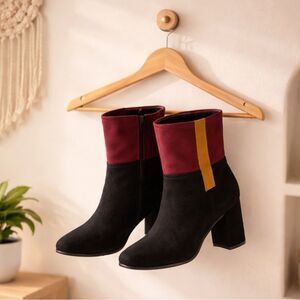 Women’s vintage black brown suede, leather color block zip midcalf boots  7.5